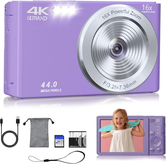 Digital Camera, 44MP FHD 4K Vlogging Camera for Kids Point and Shoot Cameras with 64GB Card, 16X Zoom Portable Compact Small Camera Gifts for Teens Boys Girls Adult Beginner