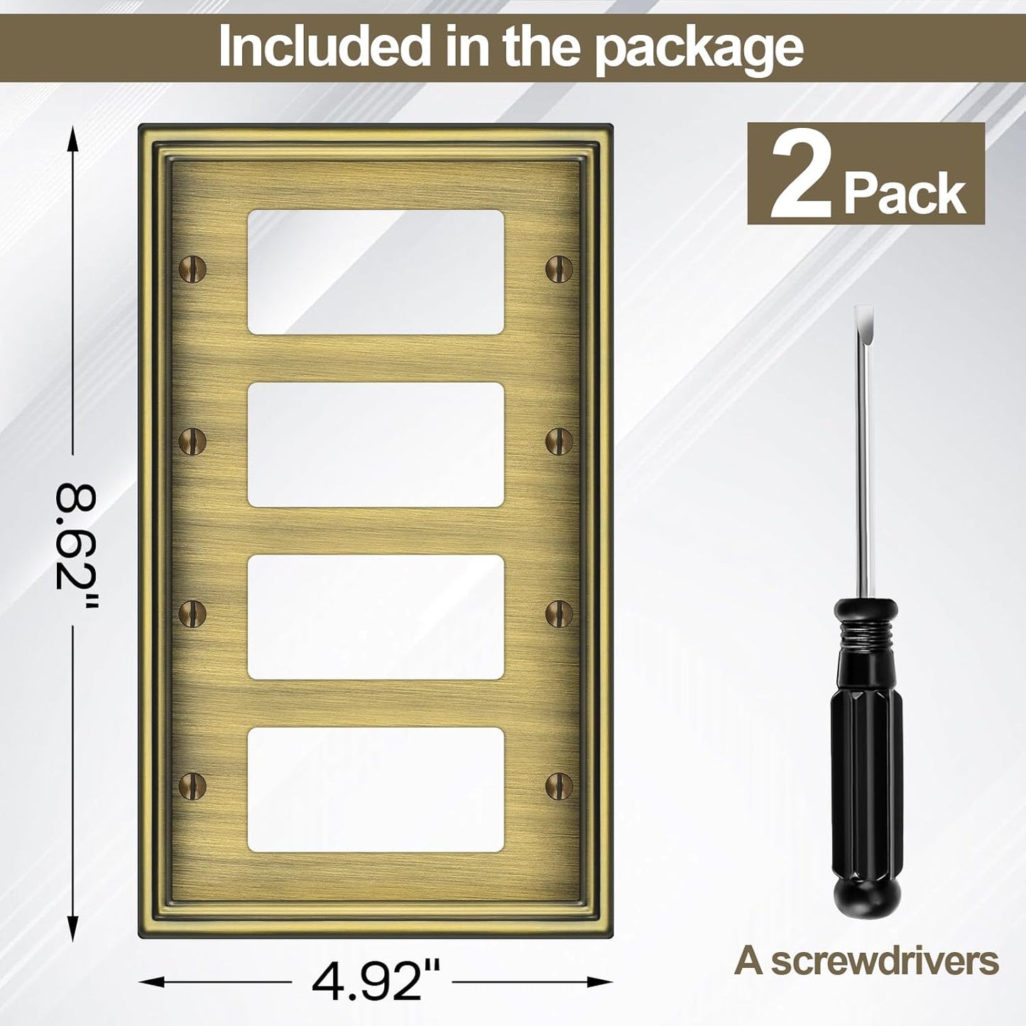 2 Pack Quad Decorator Switch Covers Wall Plate, Antique Brass Metal Material Rocker Switch Plates, 4 Gang Wall Plate for Receptacle, GFCI Outlet, Dimmer Switch - Classic Style