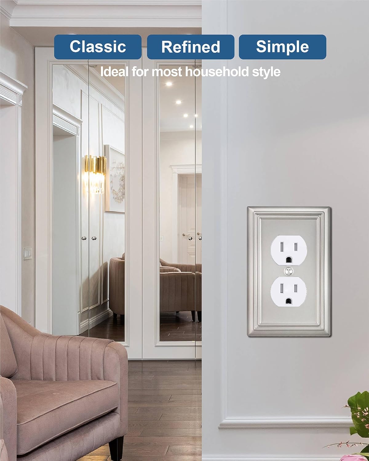 6-Pack Duplex Wall Plate, Decorative Satin Nickel Outlet Cover, Metal Wall Plates for Electrical Outlets, 3.15''*4.88'', Midsize