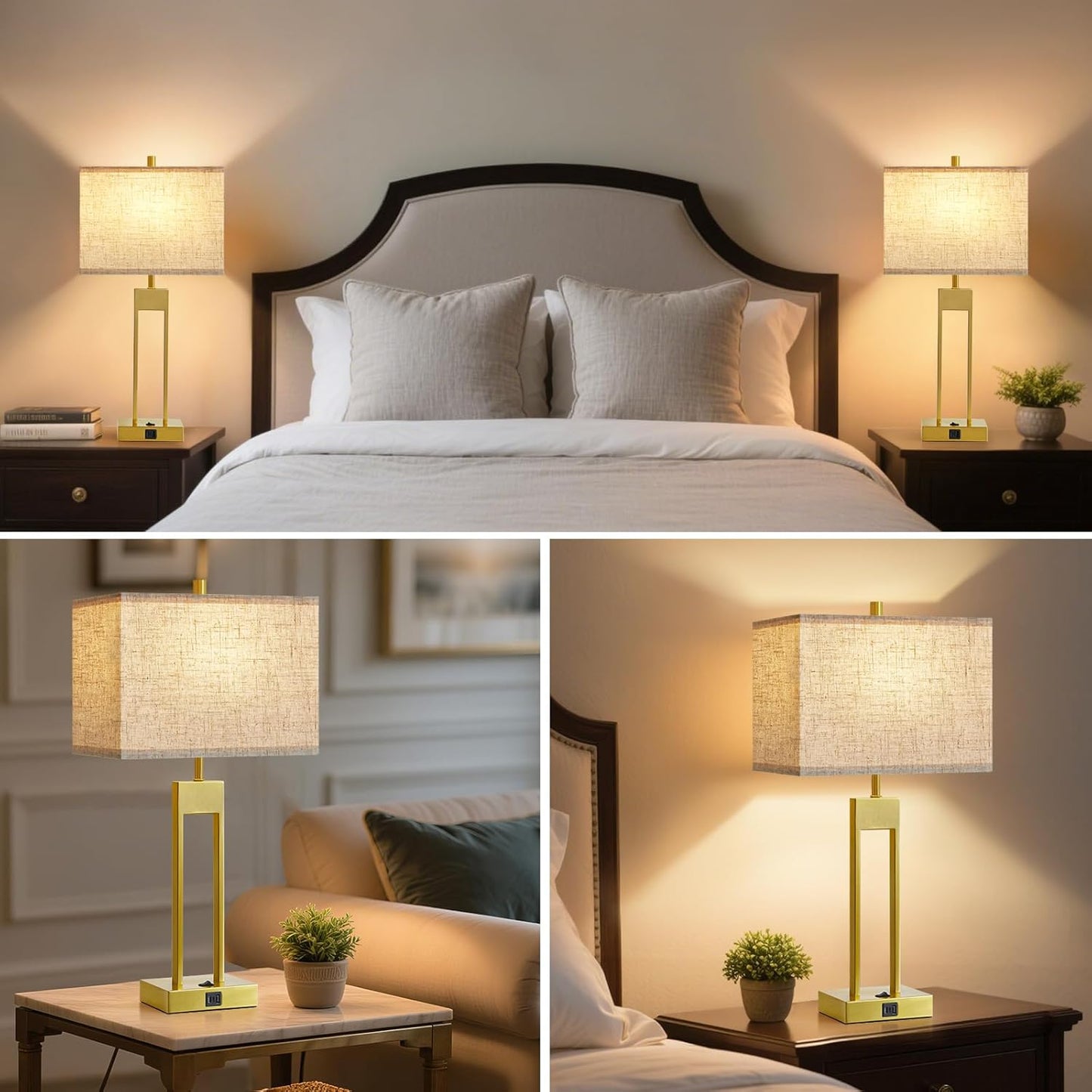25.5" Nightstand Table Lamps for Bedrooms Set of 2, Bedside Lamp with USB C+A, 3 Colors Changeable Living Room Lamp, Modern Night Stand Lamps for Bed Side Guest Room Reading, Gold