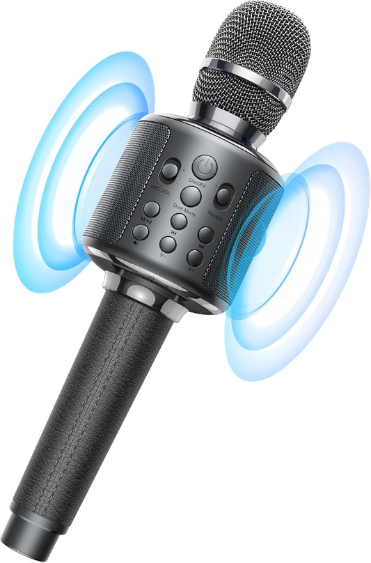 Wireless Bluetooth Karaoke Microphone, Built-in Loud Speaker for 10H Playback, Add Reverb/Duet Mode/Earbuds Monitoring, Portable Karaoke Machine for Entertainment & Singing Practice (Gray)