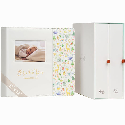 Keepsake Baby Memory Book with Keepsake Box Girl Boy - Timeless Leather-Bound Baby Milestone Book | Baby Book Keepsake and Baby Photo Memory Box to Record Baby Shower to Age 5 - Beautiful Gift
