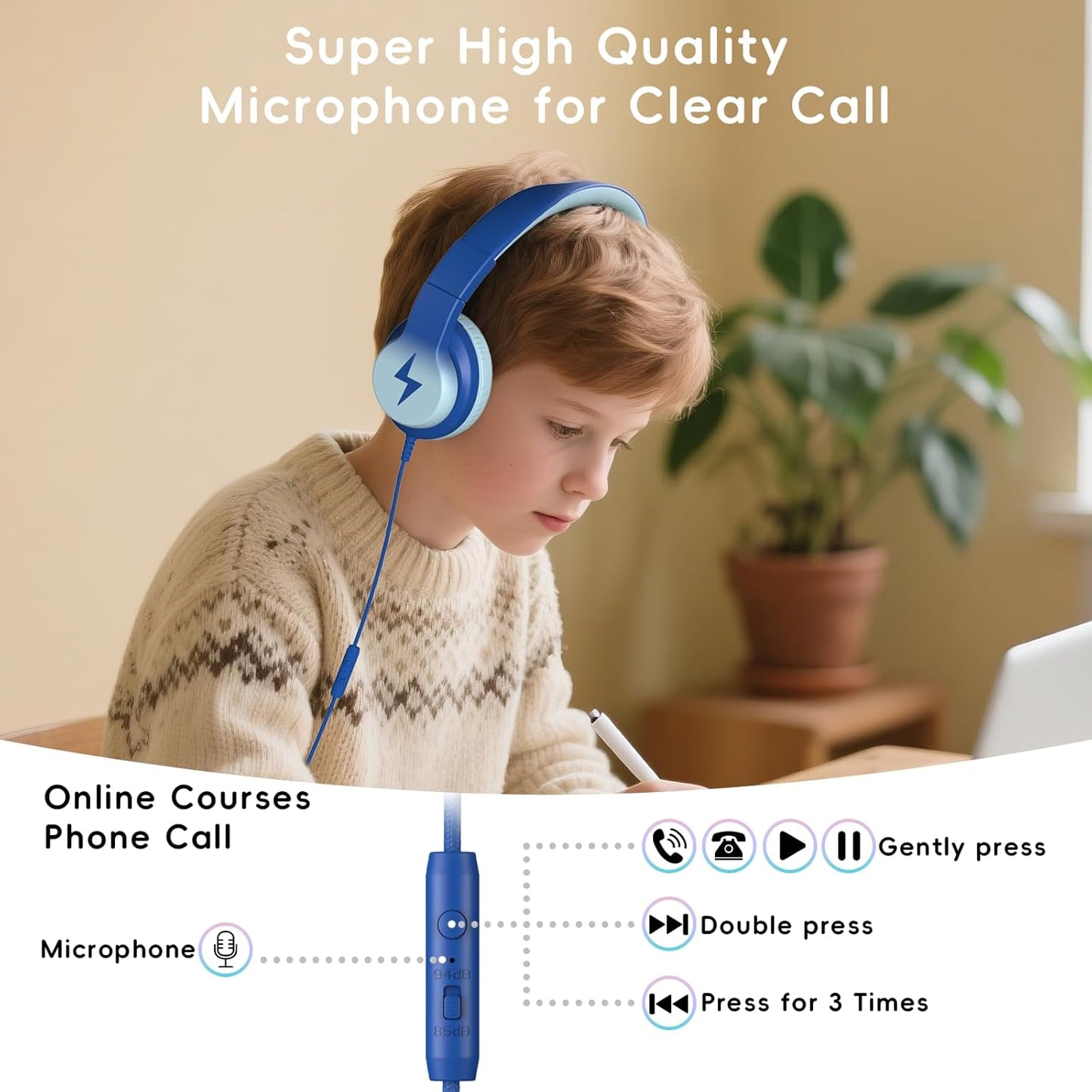 Kids Wired Headphones for Kids with Microphone, 85/94dB Volume Limiter Headphones for Girls Boys, Light Blue