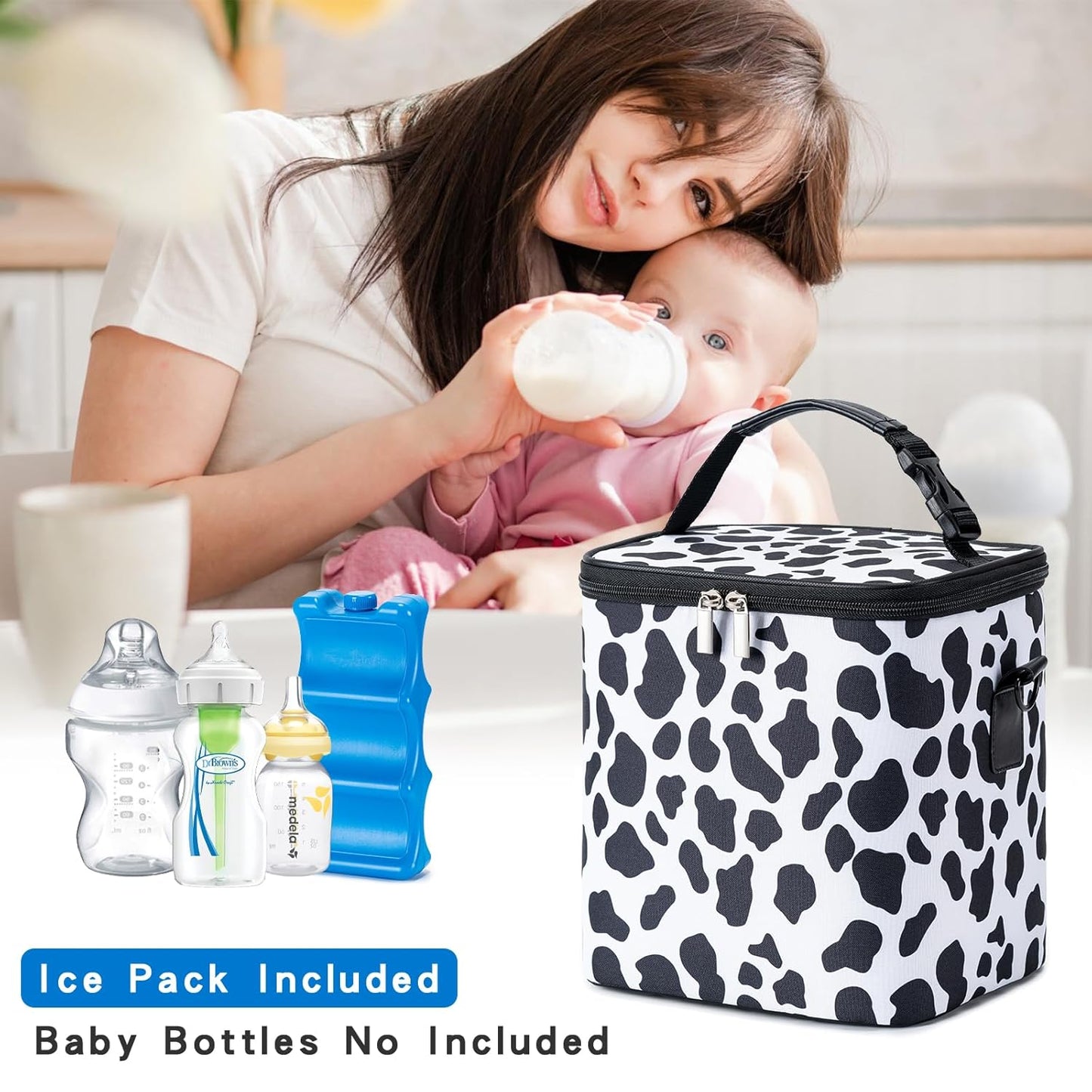 Breastmilk Cooler Bag with Ice Pack Fits 6 Baby Bottles Up to 9 Ounce, Baby Bottle Bag with Shoulder Strap for Nursing Mom Daycare, Cow