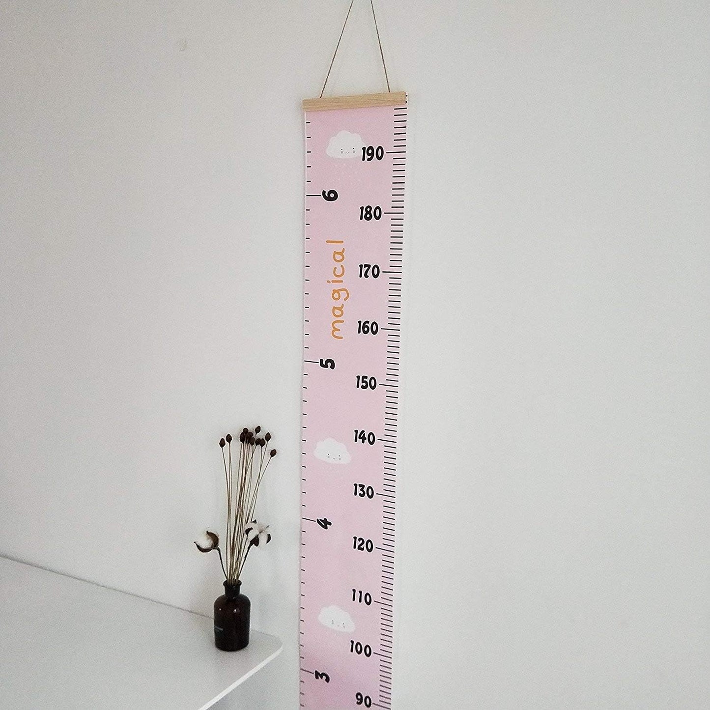 Kids Growth Chart, Wood Frame Fabric Canvas Height Measurement Ruler from Baby to Adult for Child's Room Decoration 7.9 x 79in (7.9 x 79in, Pink - Cloud)