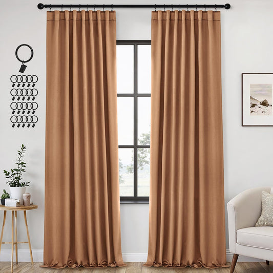 ANRODUO Back Tab Blackout Curtains for Bedroom Living Room, Rod Pocket Pinch Pleated Thermal Insulated Room Darkening Curtains 96 Inches Long 2 Panels, Brown, 42 x 96 Inch