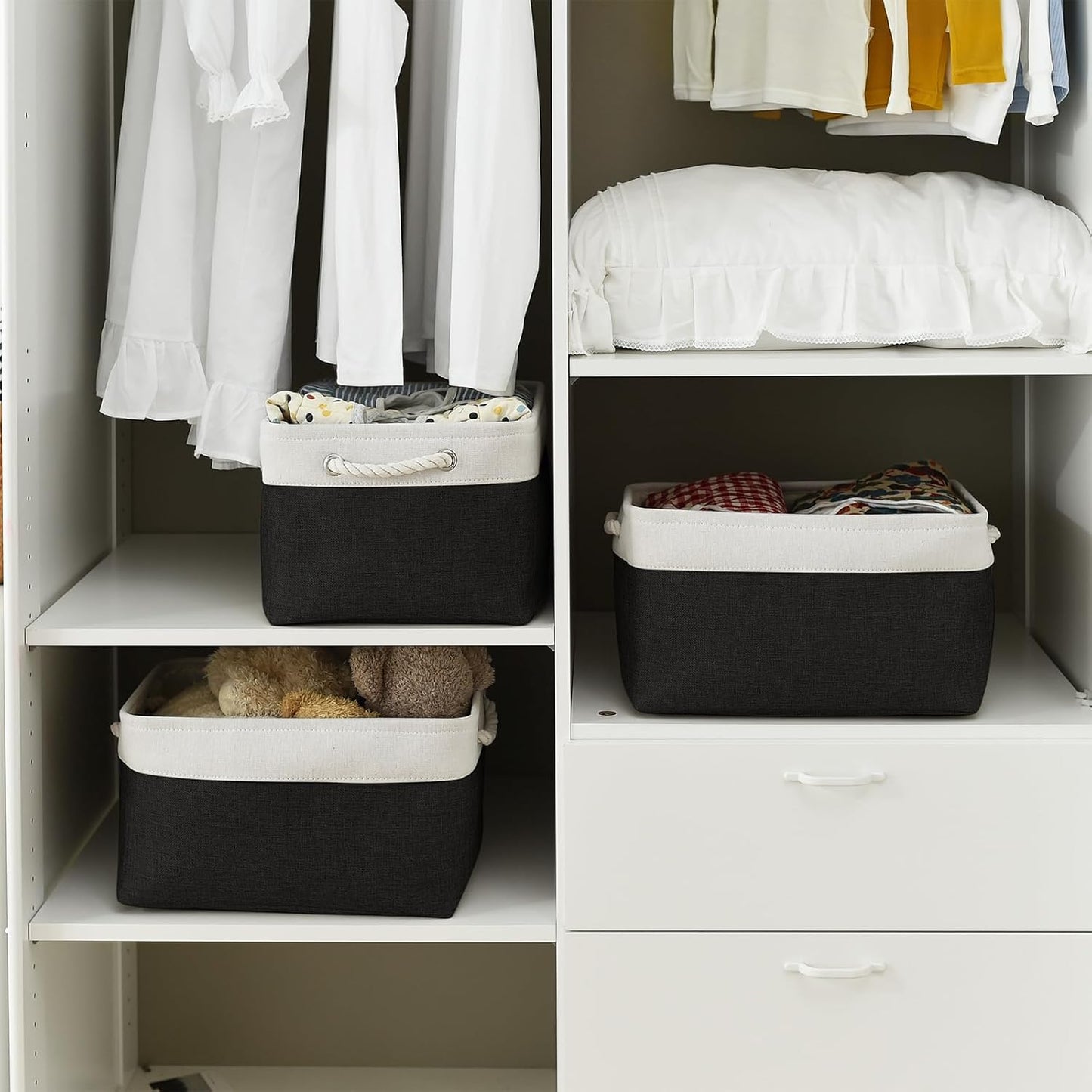 TheWarmHome Storage Basket for Organizing - Large 3 Pack 15.7x11.8x8.3 inch Collapsible Storage Bin for Shelves with Handles Laundry Cube Toy Closet Nursery (Whiet & Black)