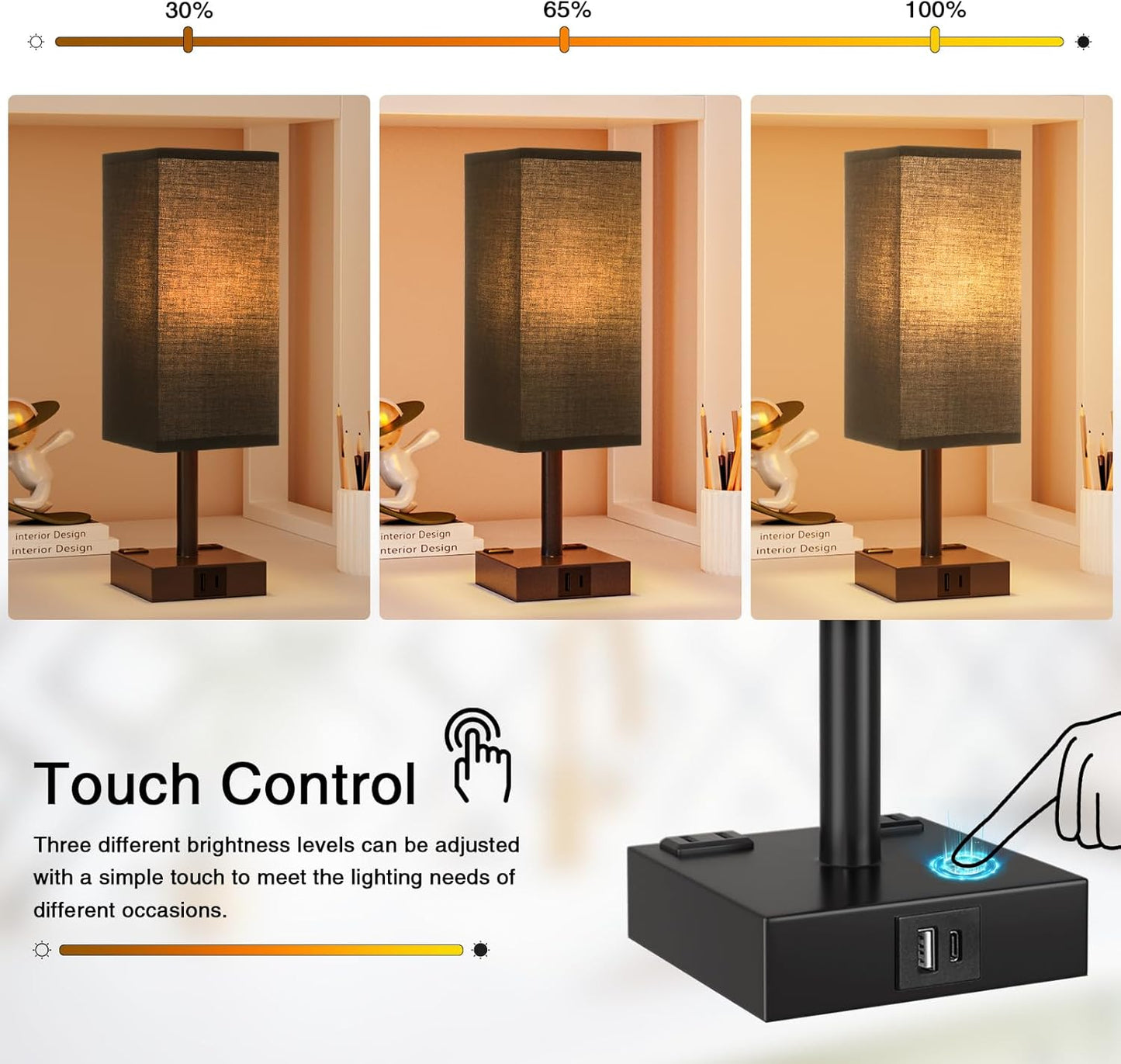 Touch Bedside Table Lamp for Nightstand - 3-Way Dimmable Night Lamp with USB A + Type C Charging Ports and Two AC Outlets, Small Desk Light with E26 LED Bulb for Bedroom Living Room Dorm Office,Black