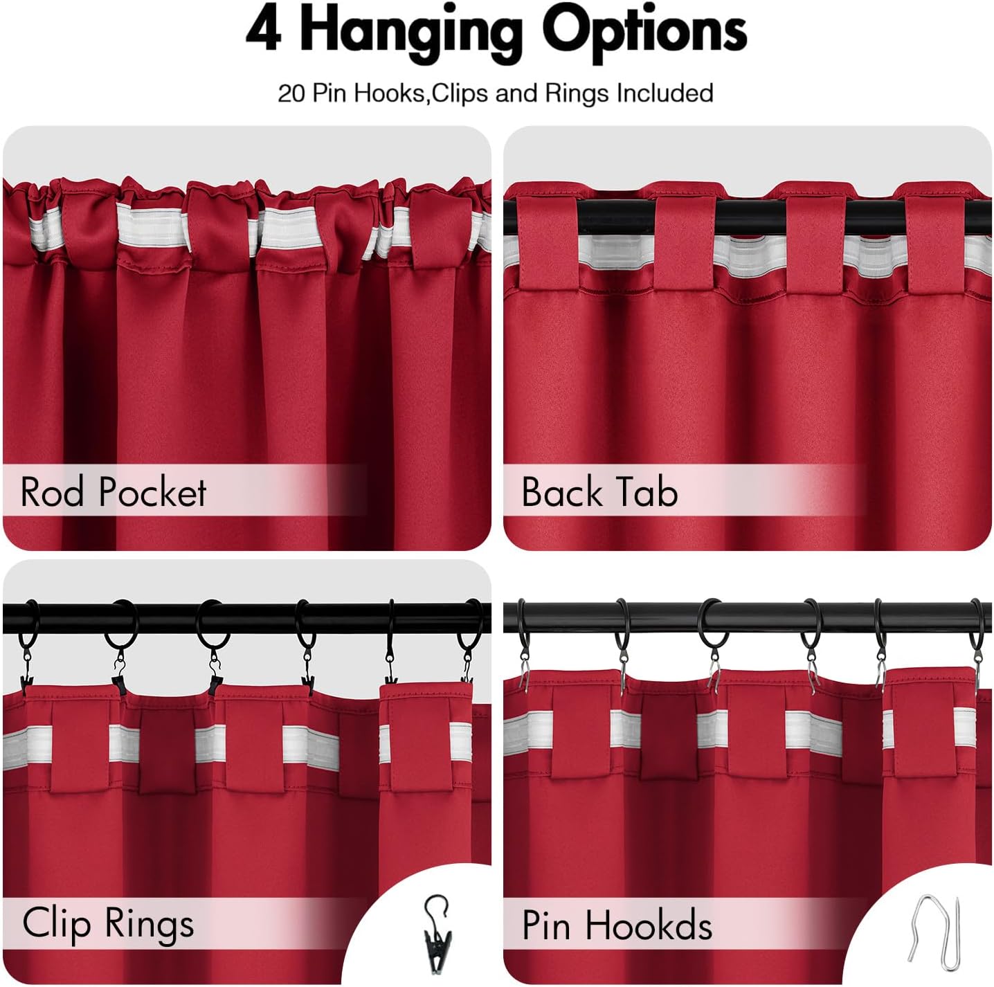 ANRODUO Back Tab Blackout Curtains for Bedroom Living Room, Rod Pocket Pinch Pleated Thermal Insulated Room Darkening Curtains 72 Inches Long 2 Panels, Red, 42 x 72 Inch