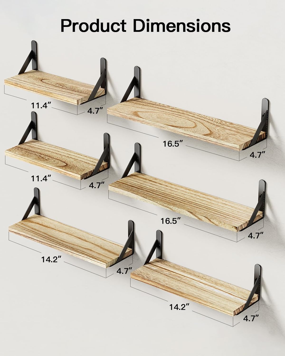 AMADA HOMEFURNISHING Wall Shelves Set of 6, Rustic Farmhouse Style, Wood Floating Shelves for Wall Decor, Bathroom & Bedroom Storage, Living Room Book Shelves, 6pcs