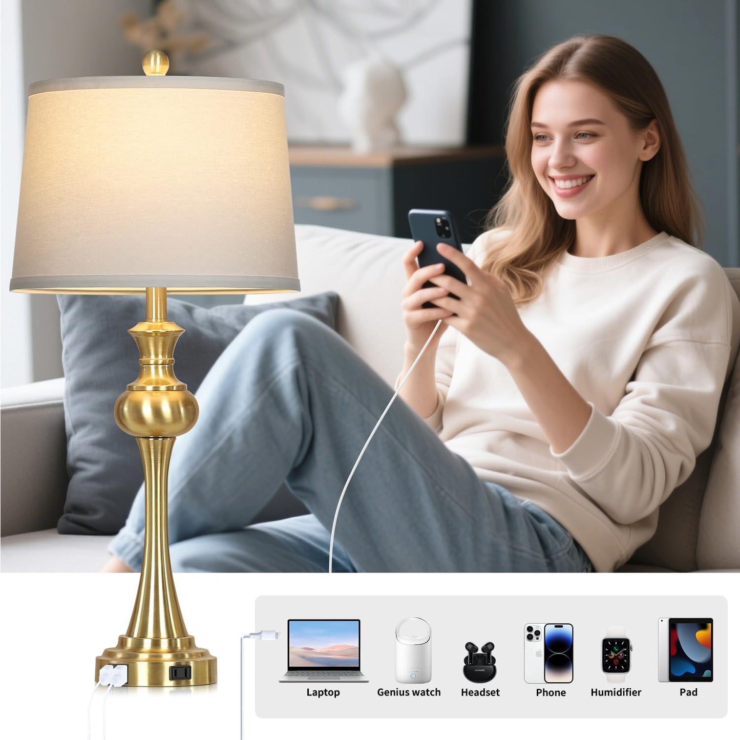 28.75" Modern Table Lamps Set of 2, Gold Bedside Lamp with USB A+C & AC Outlet,Brass Unique Desk Lamps for Living Room, Bedroom, Nightstand, End Table (2 Bulbs Included)