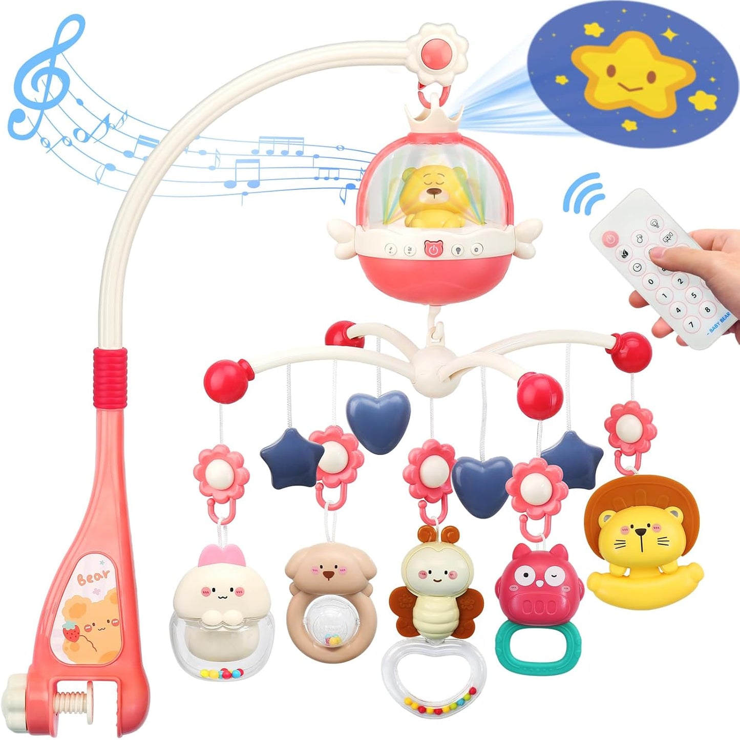 Baby Crib Mobile with Night Lights and Music,Hanging Mobile for Crib Bassinet with Rotation, Projection,Remote Control,Babies Crib Toys for Nursery Newborn Infant Boys Girls (Pink)