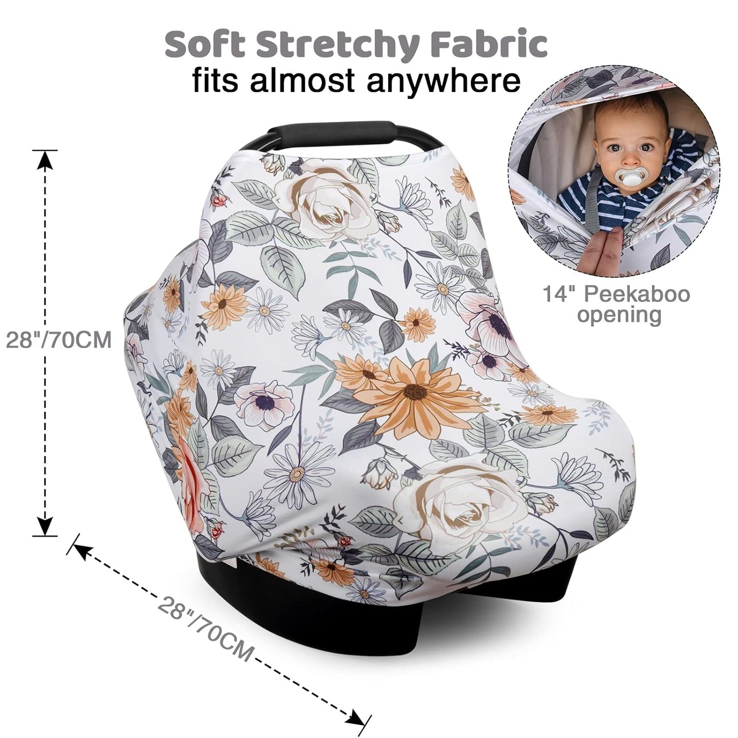 Rquite All-in-1 Car Seat Cover Baby, Carseat Covers for Girl Boy, Stretchy Soft Infant Car Seat Cover, Multi-use Baby Carrier Cover, Car Seat Canopy, Stroller Sun Shade, Nursing Breastfeeding Cover