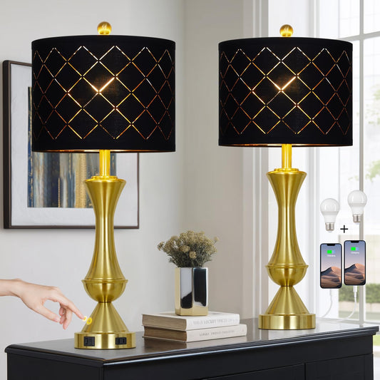 29" Gold Modern Table Lamps Set of 2, 3-Way Dimmable Touch Lamps for Nightstand with USB A+C & Outlets,Brass Lamps for Living Room, Bedroom, Nightstand, Entryway(2 Bulbs Included)