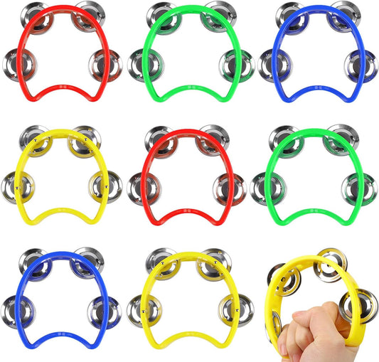 8 Pack Plastic Percussion Tambourine Hand Tambourine Bells, Mini Percussion Tambourines Bulk Hand Held Percussion Drum Musical Rhythm Instrument for Adults Kids Party Supplies(4 Colors)