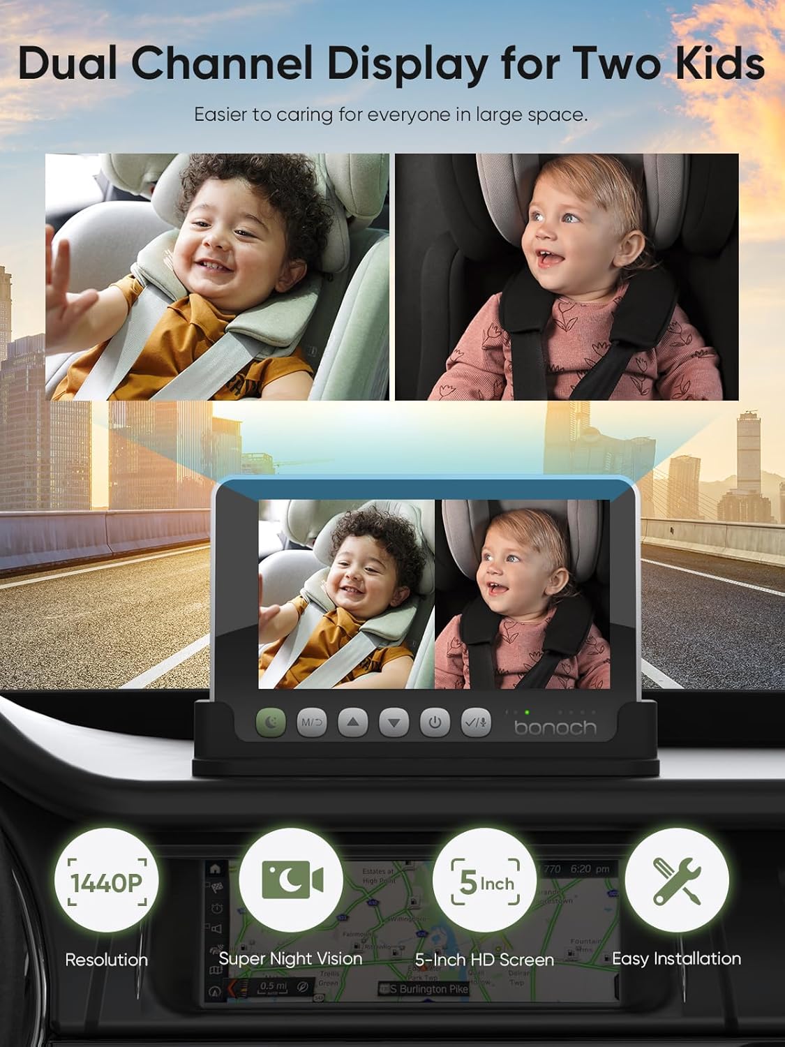 bonoch 5" 1440P Baby Car Camera for 2 Kids - 360° Rotating Adjustable Wide View Dual Cameras, Split Screen Night Vision Baby Monitor, Easy Install Rear Facing Backseat Mirror, USB Powered with Charger