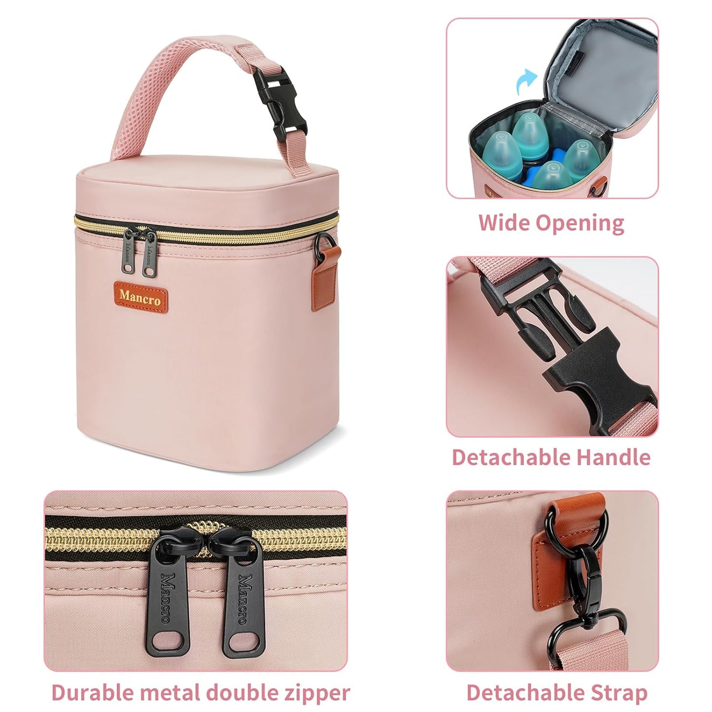 Mancro Baby Bottle Bag for Breastmilk, Breast Milk Cooler Bag with Ice Pack Fits 4 Milk Bottles Up to 9 Ounce with Adjustable Shoulder Strap, Lnsulation Breast Milk Cooler Travel Gifts, Pink