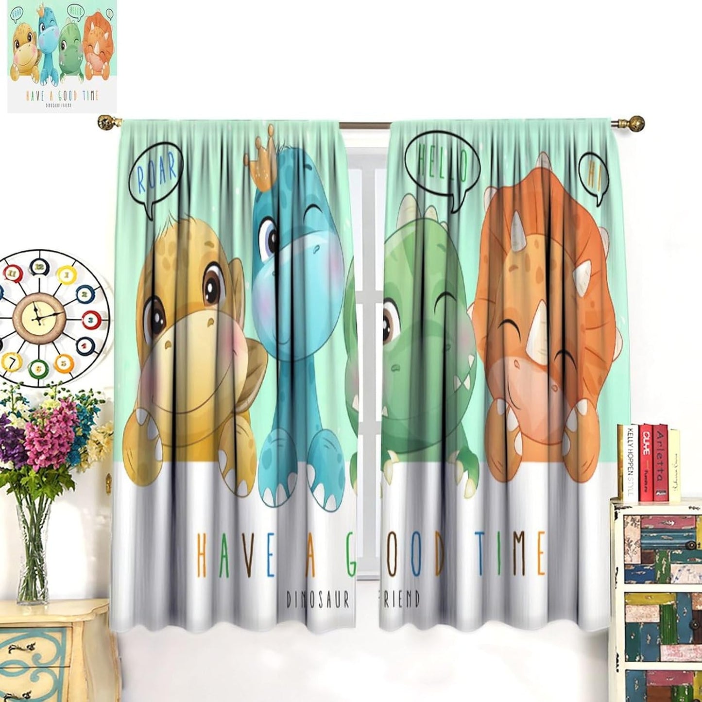 Kids Dinosaur Curtains for Boys Girls Bedroom Decor Cartoon Dino Colorful Cute Funny Animal Printed Blackout Rod Pocket Window Drapes for Baby Nursery Playroom Living Room W21xL63in 2 Panels