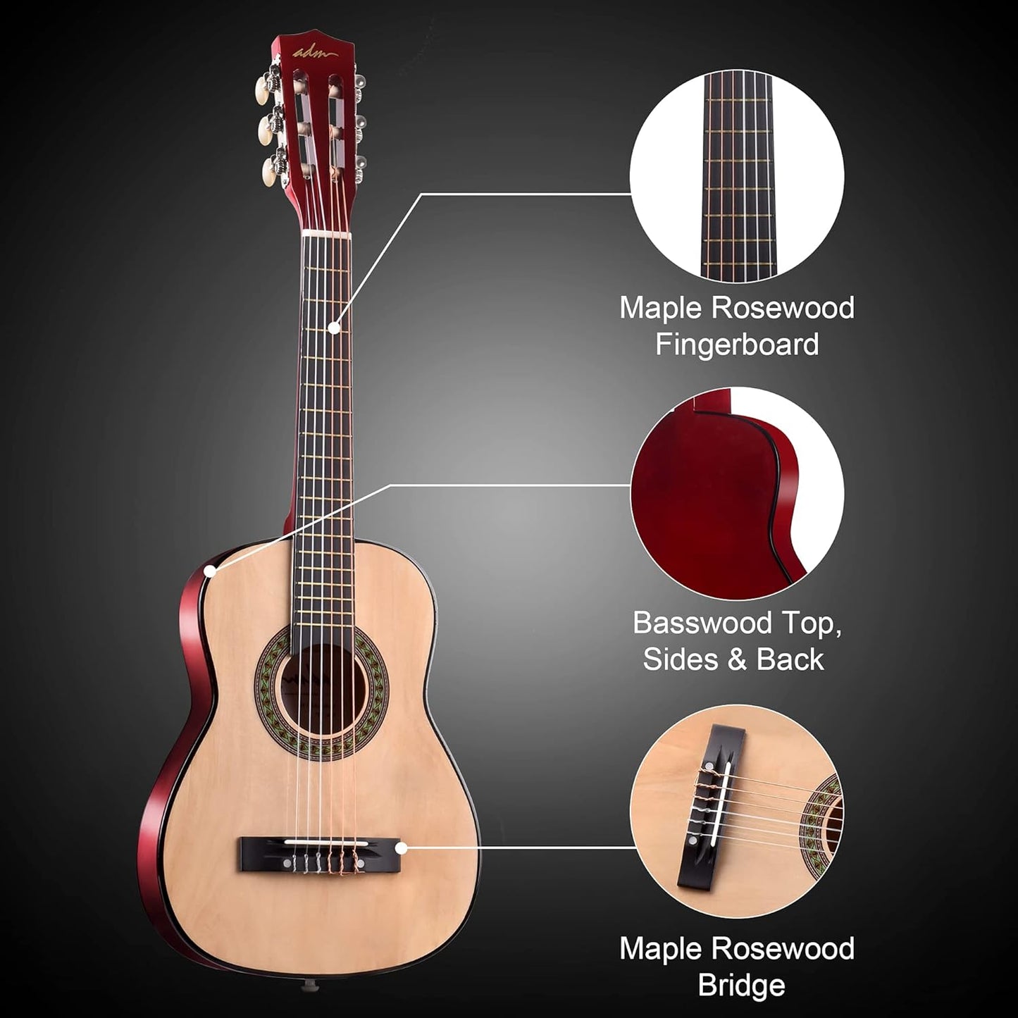 ADM Beginner Acoustic Classical Guitar 30 Inch Nylon Strings Wooden Guitar Bundle Kit for Kid Boy Girl Student Youth Guitarra Online Lessons with Gig Bag, Strap, Tuner, Extra String, Pick,Natural