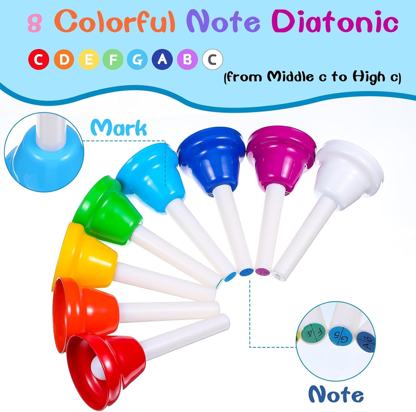 8 Notes Hand Bells, Musical Hand Bell Set with Colorful Design, 8 Pack Colorful Handbells, Durable Iron Bells for Kids Adults, School, Church Choir (4.3 Inch)