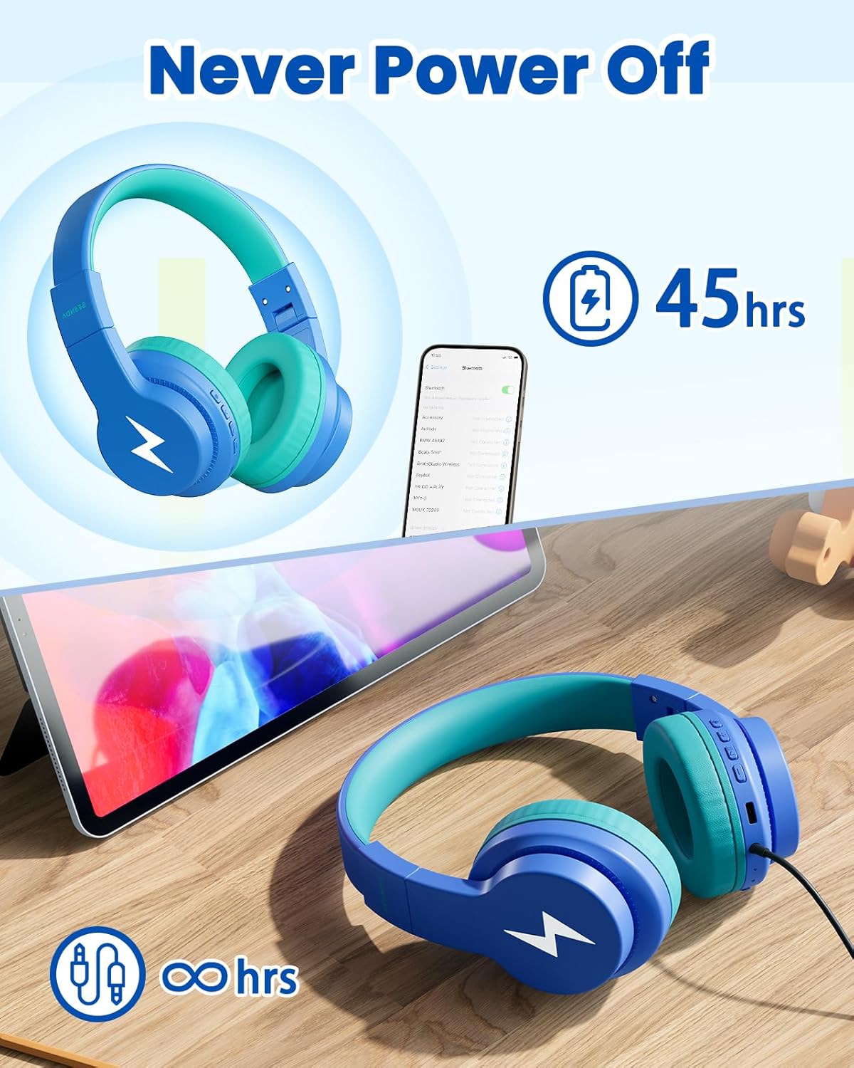 seenda Kids Headphones Wireless, Bluetooth Headphones for Kid with 85/94dB Volume Limit, 45H Play Time, 3 Light Modes, Built-in Mic Headset for Toddler Boy Girl Travel School iPhone iPad Tablet