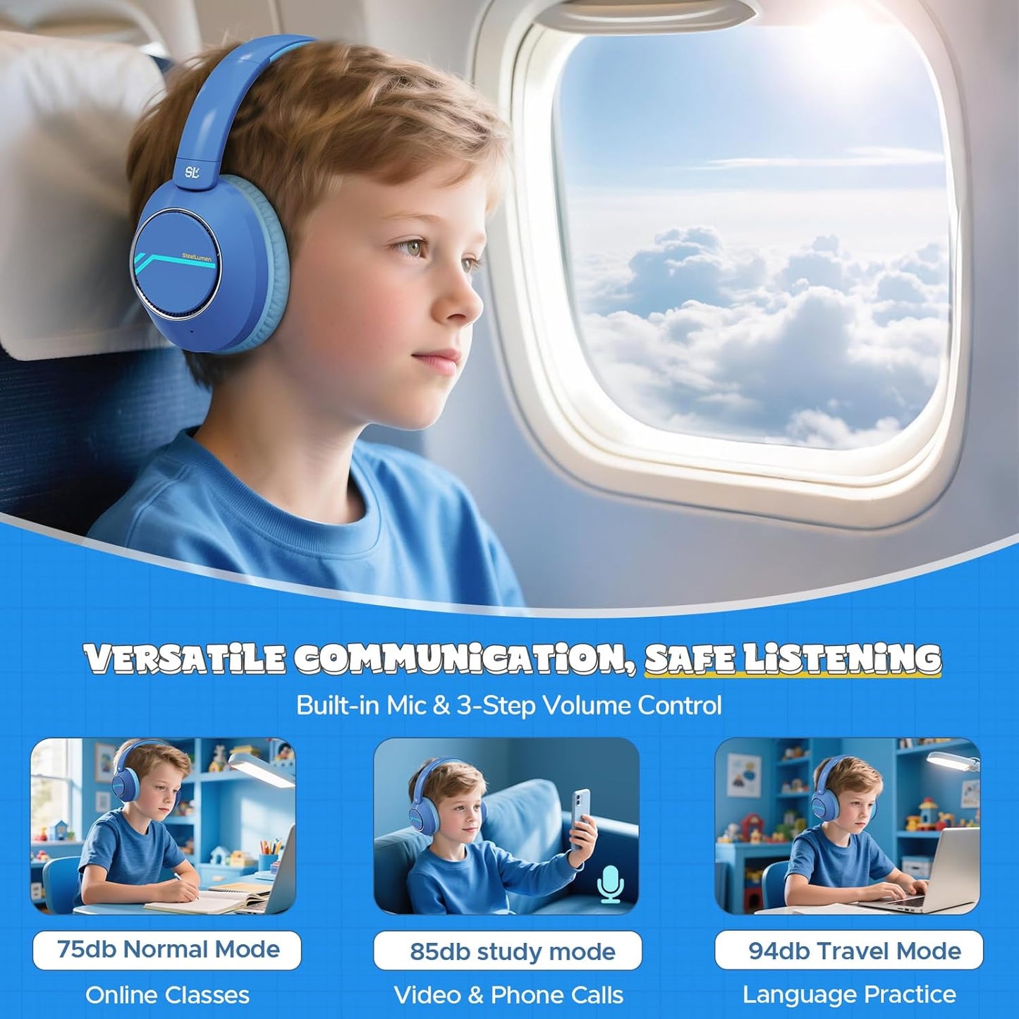 Nova1Pro Active Noise Cancelling Headphones for Kids, 3-Level Safe Volume 75/85/94dB, ANC Safe Wireless Listen, Type C Fast Charging, Bluetooth 5.4 with Mic, boy Girl for School, Travel & Airplane