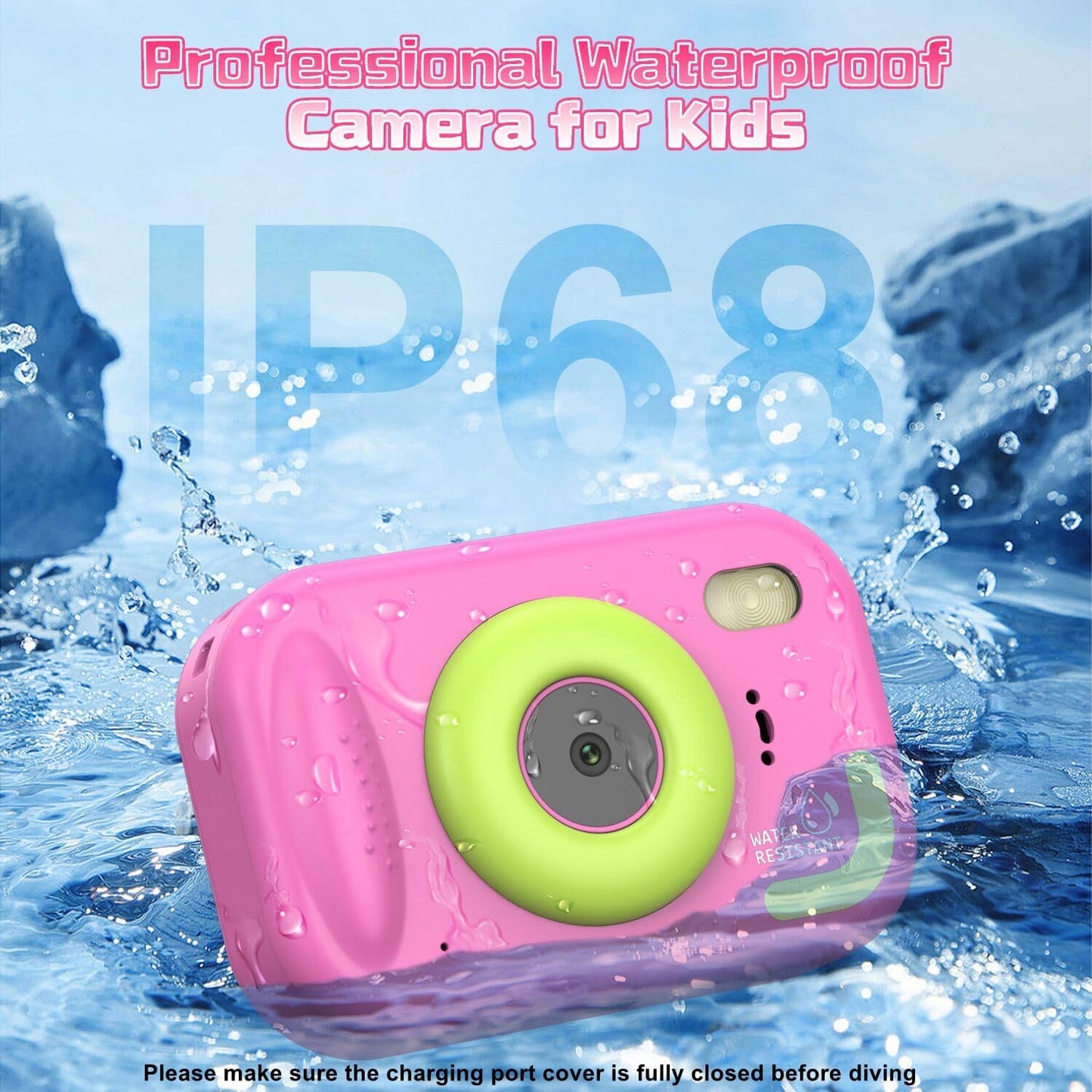 Kids Camera Waterproof, IP68 Underwater Camera for Kids Aged 3-12, HD Kids Digital Camera with 1080P Video Recording, Durable ABS Material, Pool Toys for Boys Girls with 32GB Card (Pink)