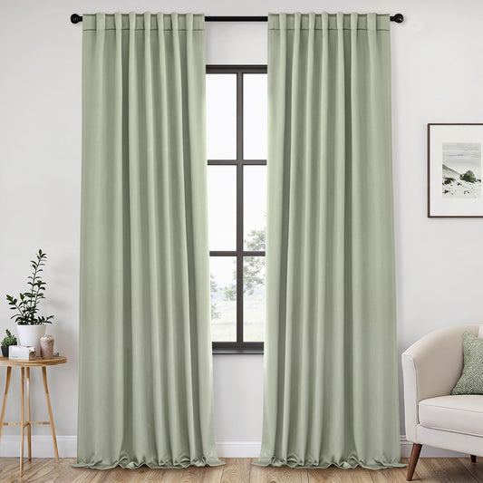 ANRODUO Back Tab Blackout Curtains for Bedroom Living Room, Rod Pocket Pinch Pleated Thermal Insulated Room Darkening Curtains 120 Inches Long 2 Panels, Sage Green, 52 x 120 Inch