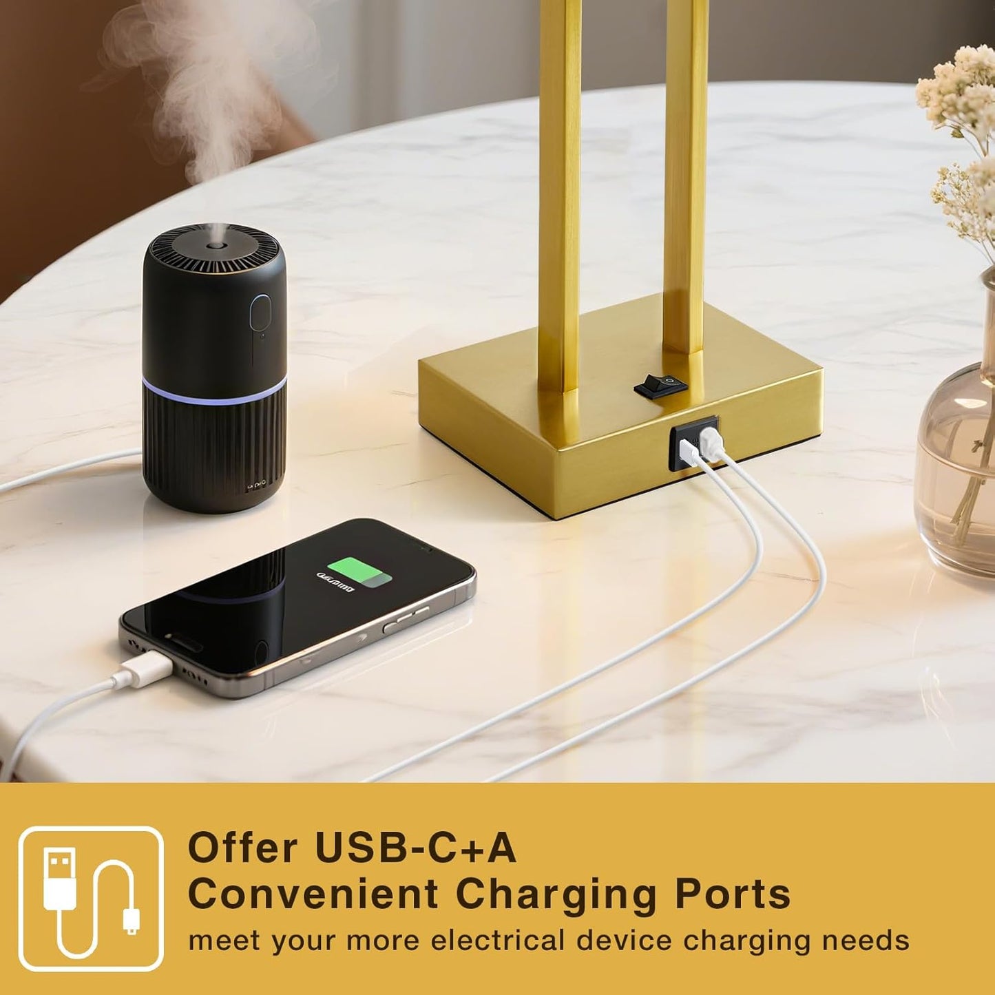 25.5" Nightstand Table Lamps for Bedrooms Set of 2, Bedside Lamp with USB C+A, 3 Colors Changeable Living Room Lamp, Modern Night Stand Lamps for Bed Side Guest Room Reading, Gold