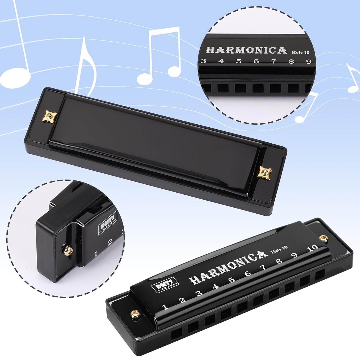 UPINS Harmonica, 4PCS Key of C 10 Hole 10 Tones Titanium Color Harmonica with Case for Beginner(Black)