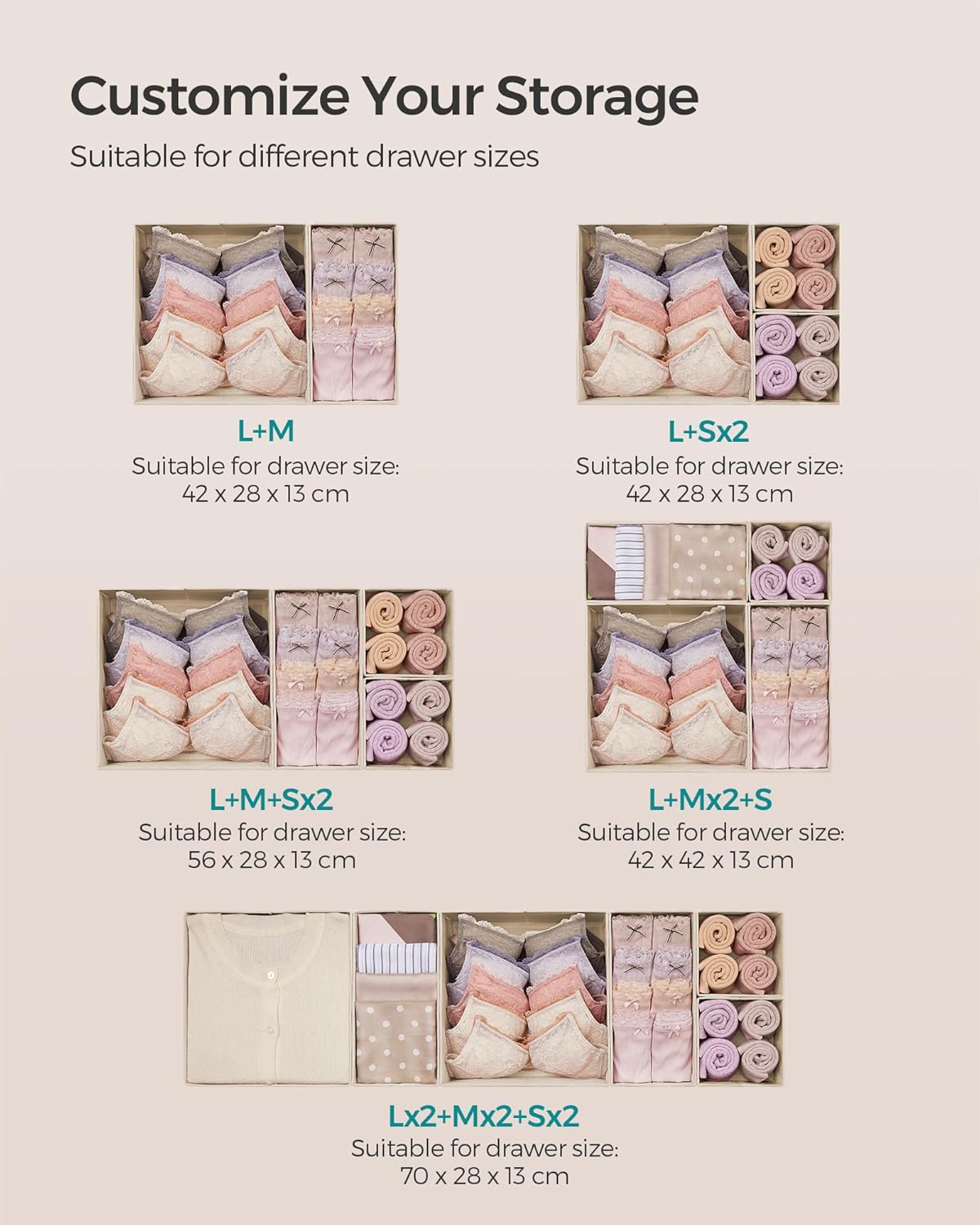 SONGMICS Drawer Organizer, Dresser Drawer Organizers, Set of 6, Foldable Fabric Storage Bins for Socks, Underwear, Bras, Ties, Scarves, Surmmer Sand URDZ006Y01