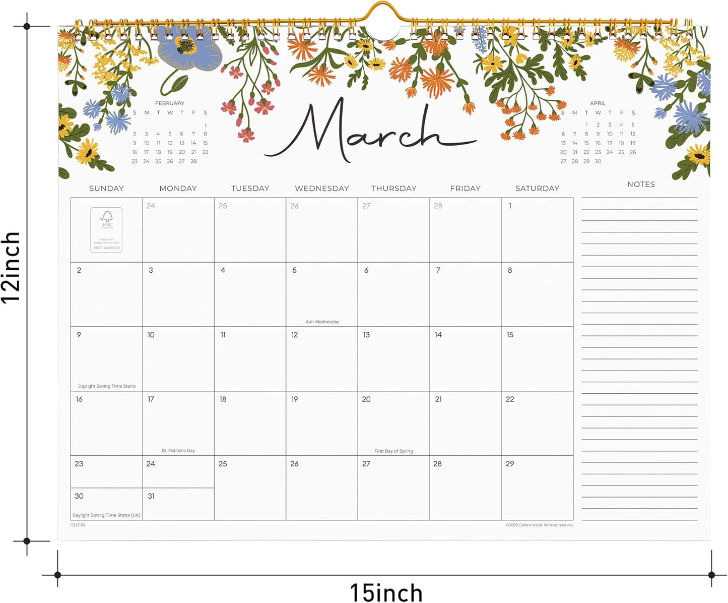 2025-2026 Calendar, Cabbrix Wall Calendar 2025, 18 Months Calendar Runs From July 2025 - December 2026, 15" x 12", Twin-Wire Binding, Hanging Hook, Floral Design
