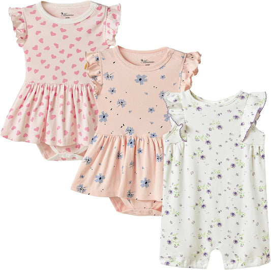 3-pack 100% Cotton Baby Girl Rompers, 0-24 months Ruffle Sleeve Toddler Romper Summer Clothes Set