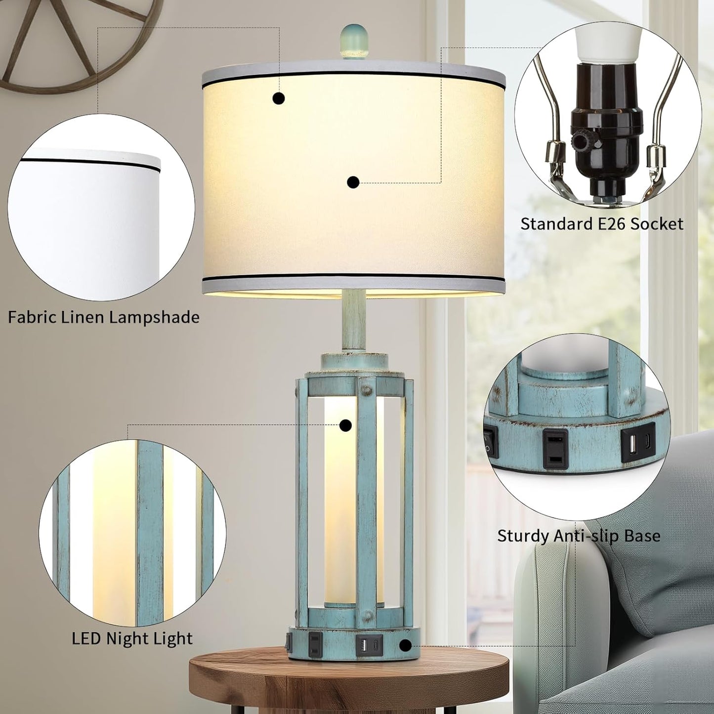 Farmhouse Lamps Set of 2, 26" Vintage Rustic Industrial Beside Lamps with USB A+C Charging Ports & AC Outlet, Nightstand Metal Lamp with LED Night Light & Fabric Shade for Living Room Bedrooms Blue