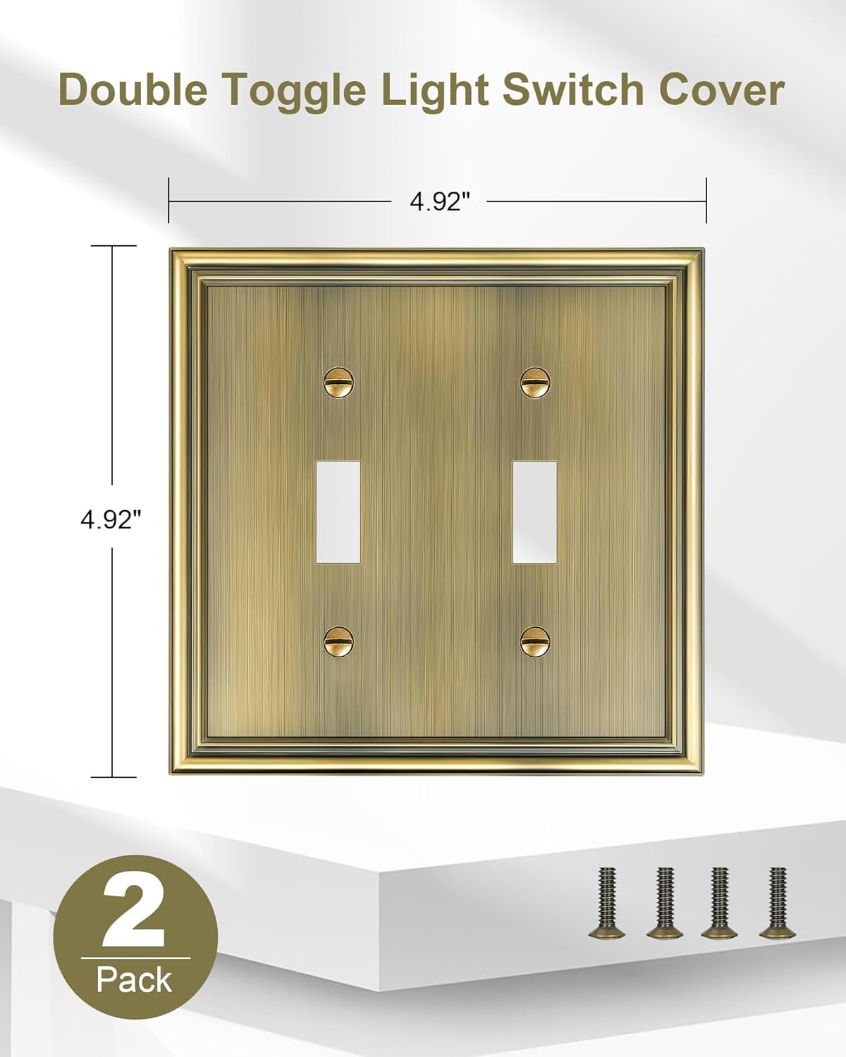 2-Pack Double Toggle Light Switch Cover Plate, Durable Solid Zinc Alloy Decorative Dual Switch Plate Covers, Antique Brass 2 Gang Wall Plate, Corrosion Resistant