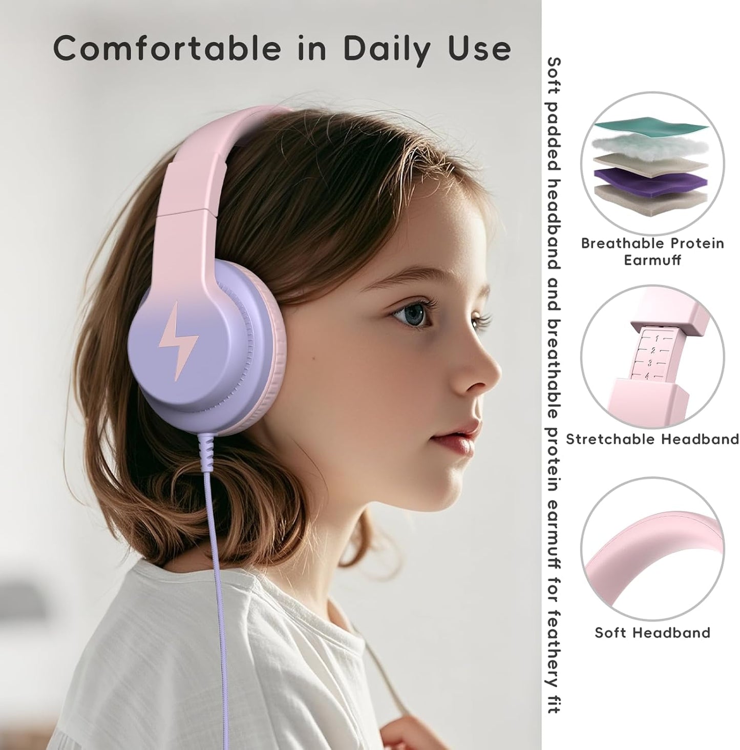 Kids Headphones, Wired Headphones for Kids Over Ear with Microphone, 85/94dB Volume Limiter Headphone for Girls Boys, Foldable Headphone for Learning & Entertainment, Gradient Pink