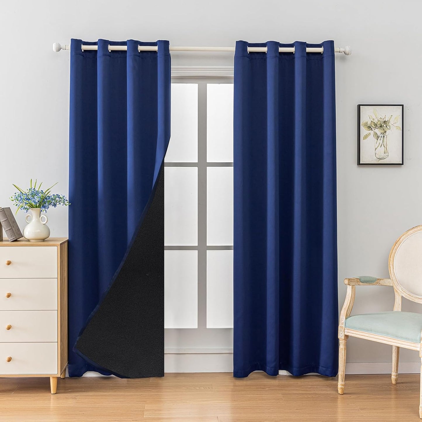 Anytime 100% Blackout Curtain Set, Thermal Insulated & Energy Efficiency Window Draperies for Guest Room, Full Shading Panels for Shift Worker and Light Sleepers（Navy Blue, 2 Panels, 52W x 72L）