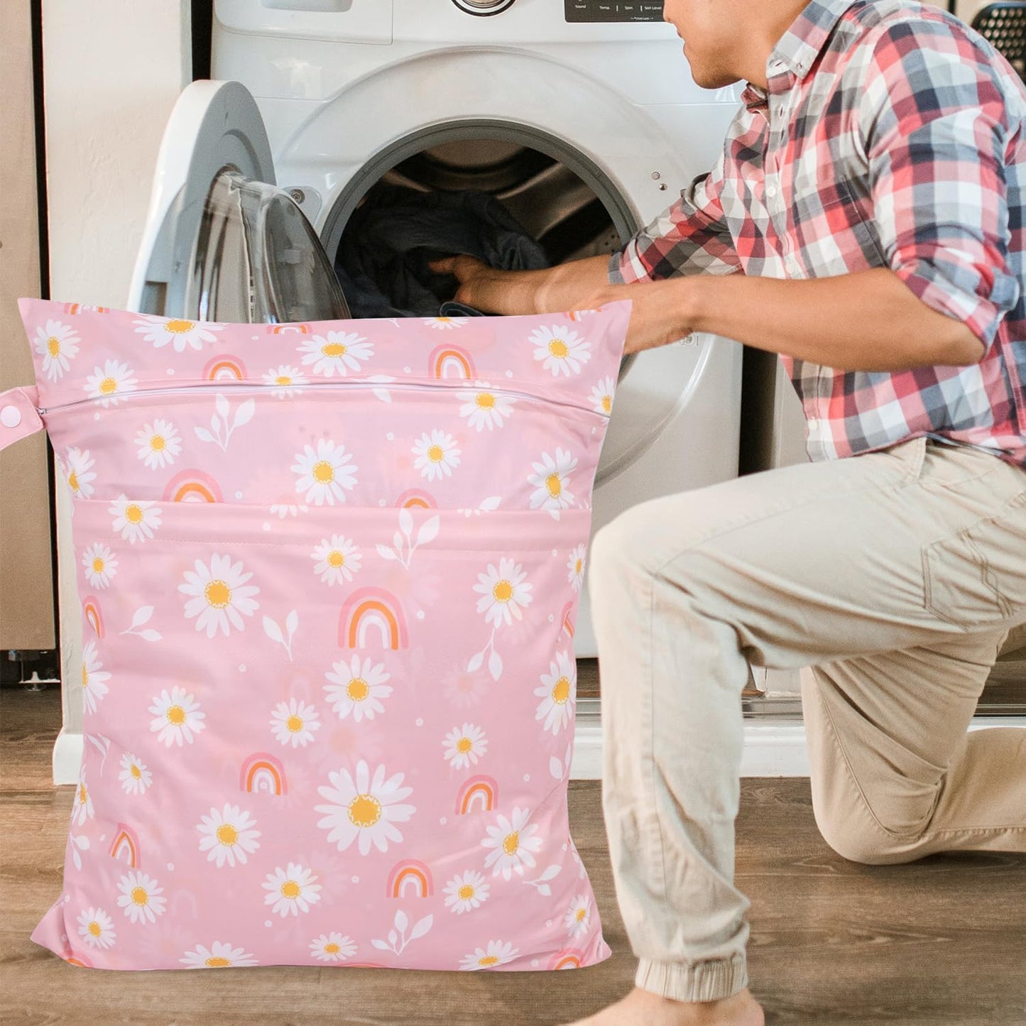 2pcs Travel Waterproof Laundry Bag, Cloth Diaper Wet Dry Bags with Handle & 2 Zipper Pockets, Reusable Washable Dirty Clothes Bag for Baby Adult Travelling Hanging, Bathing Beach Pool Daycare