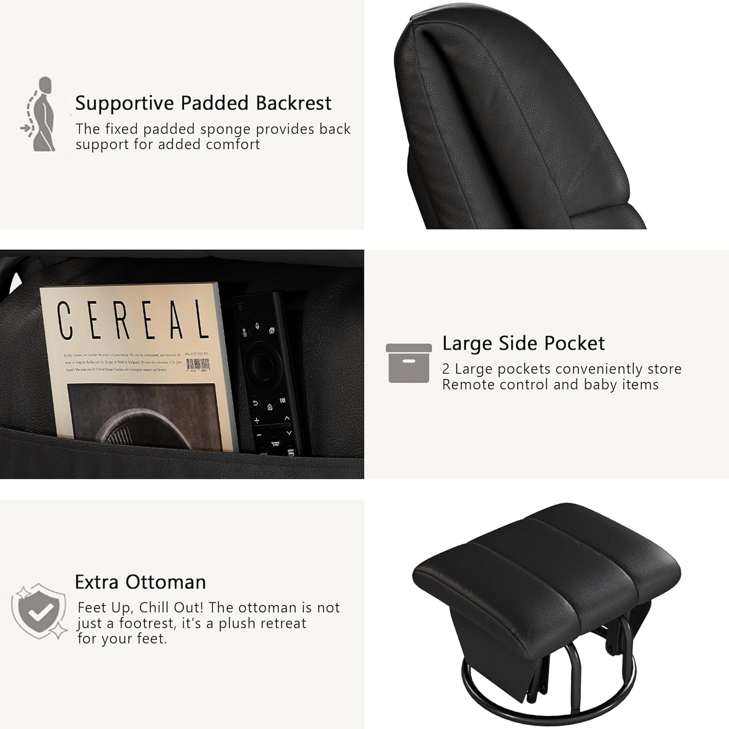 AODAILIHB Swivel Glider Recliner with Ottoman, 360 Rocking Chair with Foot Rest Recliner Chair Indoor Rocking Chair with Side Pockets Nursery Chairs for Living Room, Bedroom, Office (Black)