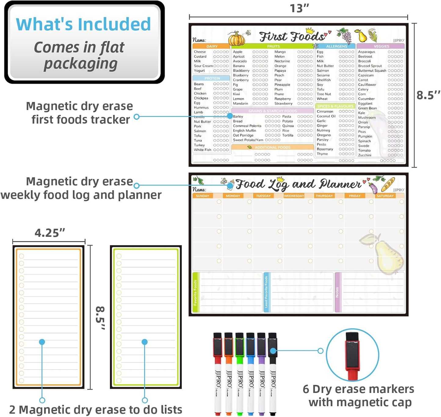 JJPRO Baby First Foods Tracker Fridge Magnet, Daily Food Log Meal Planner, 100 Foods Before 1 Checklist, Baby Daily Log Whiteboard, First Food Tracker for Refrigerator