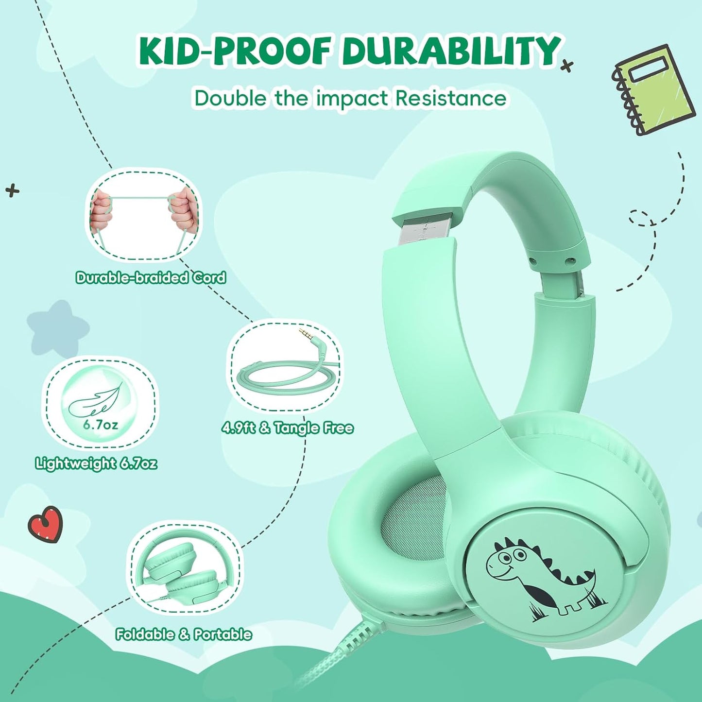 Kids Headphones Wired for School, 85/94dB Volume Limit Toddler Headphones with Microphone, Wired Cute Dinosaur for Boys Girls, Stereo Sound 3.5mm Plug for Kindle Tablet School, Green