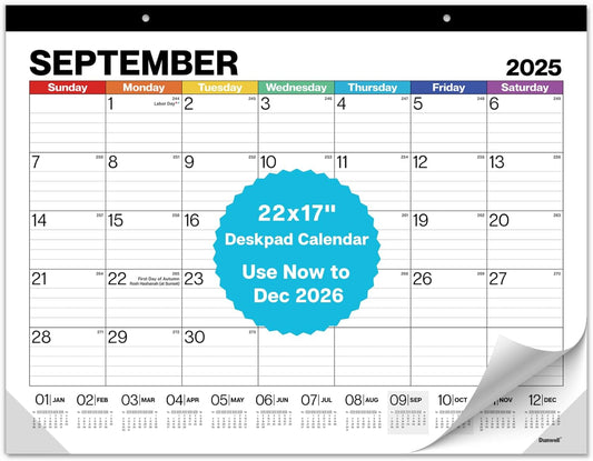 Dunwell 22x17 Desk Calendar 2025-2026 (Colorful), Use Now to Dec 2026, as Large Hanging Wall Calendar or Big Monthly Desktop Blotter, Lined Daily Blocks, Easy to Read, Perfect for Office or Home