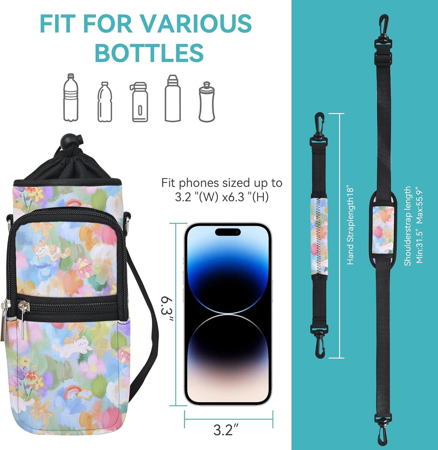 AUPET Water Bottle Sling Bag Sleeve Holder Carrier 25/32/40/64 oz,Insulated Crossbody Water Bottle Case Cover with Strap and Pockets for Men/Women Walking Hiking