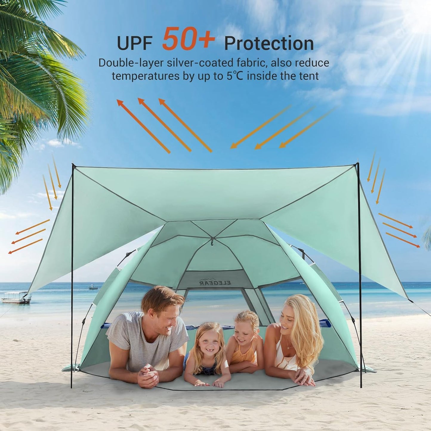 Elegear Beach Tent with Canopy, 1-Second Setup Pop Up Sun Shelter Shade, UPF 50+ UV Protection Silver-Coated Lightweight Portable Beach Cabana