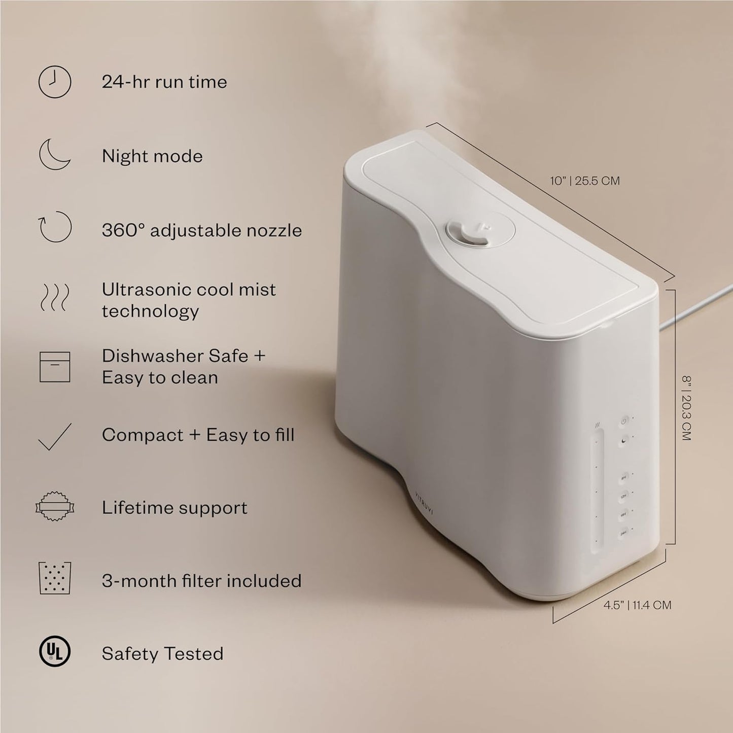 Vitruvi Cloud Bedside Humidifier, White Humidifier, 24 Hr Run Time, 602ft Coverage, Large Home Bedroom, Baby Room - Includes 3 Month Filter