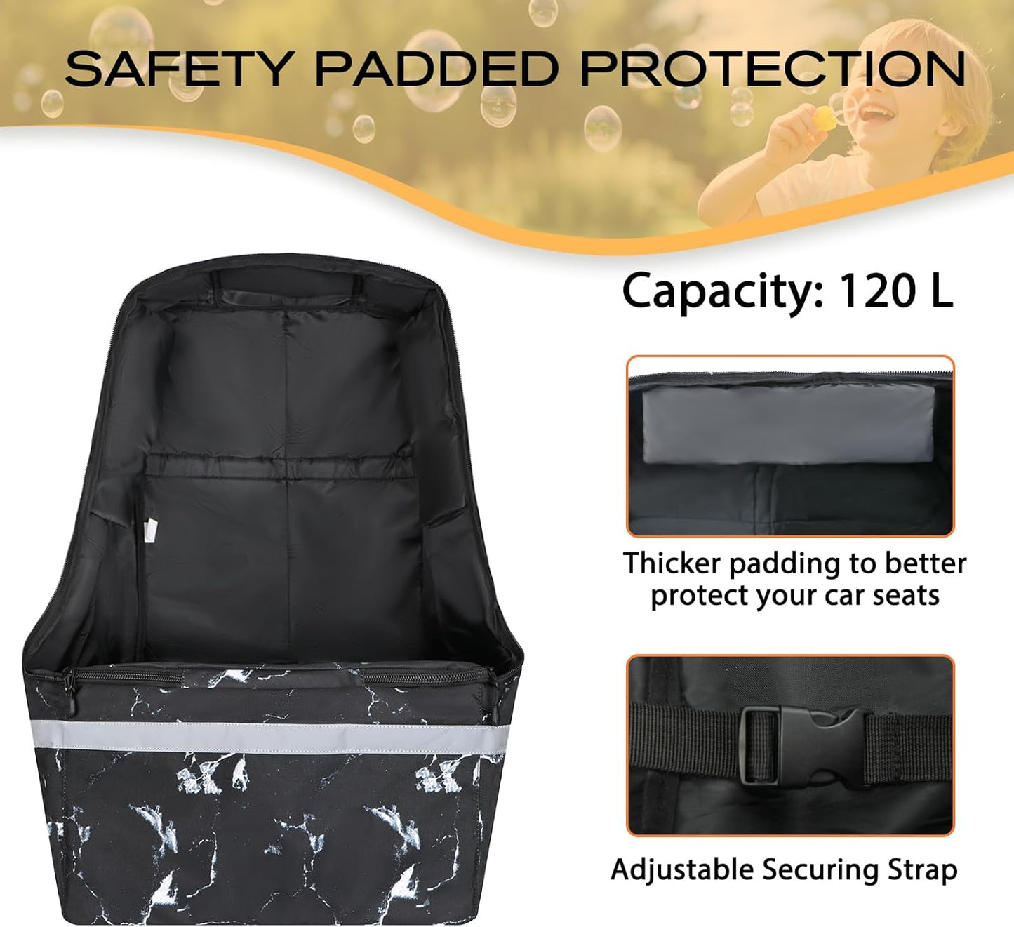 Car Seat Travel Bag for Airplane,Infant Seat Travel Bag with Shoulder Strap,Padded Car Seats Backpack with Reflective Stripes,Large Carseat Carrier Bag Travel Car Seat Cover, Black marble