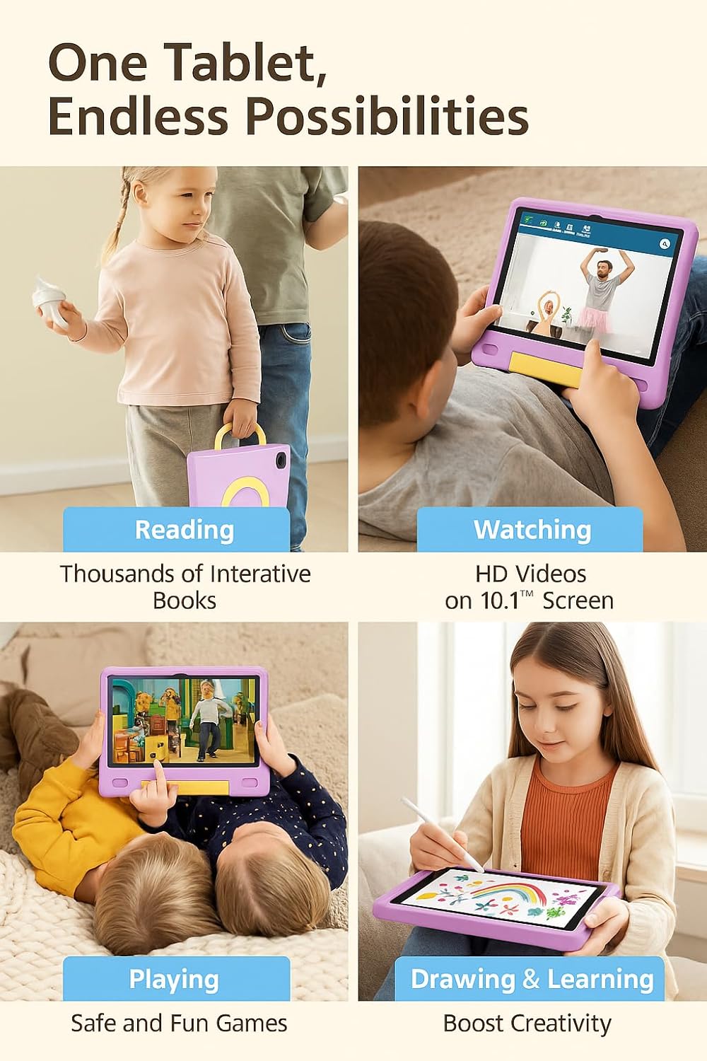 10.1 Inch Kids Tablet with Shockproof Case | Android 14, 64GB+8GB RAM, 12H Battery | Parental Control, Google Kids Space & Preloaded Educational Apps | WiFi 6, HD Display, Ages 3-12