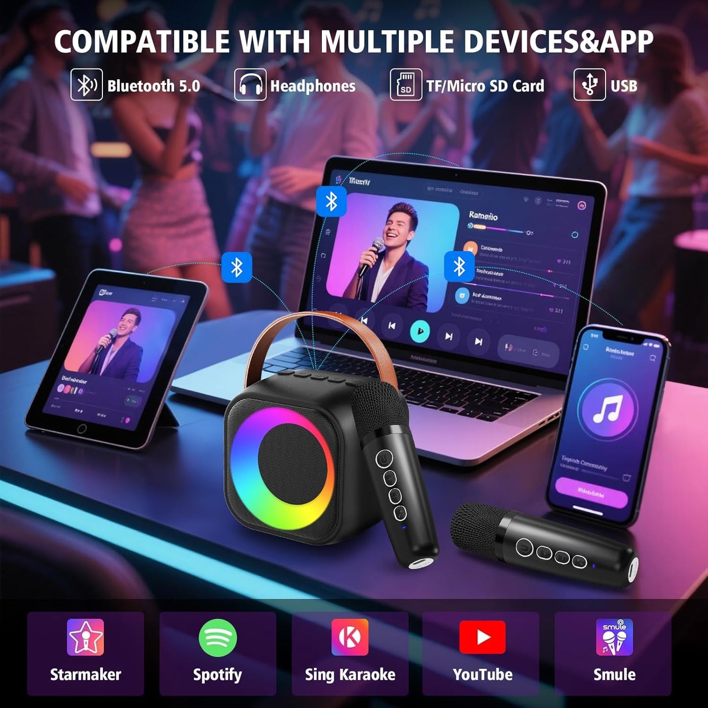 Karaoke Machine for Kids Adults, Portable Bluetooth Speaker with 2 Wireless Microphones, Portable Speaker Mini Karaoke Microphone for Home Party Birthday Gift for Girls Boys