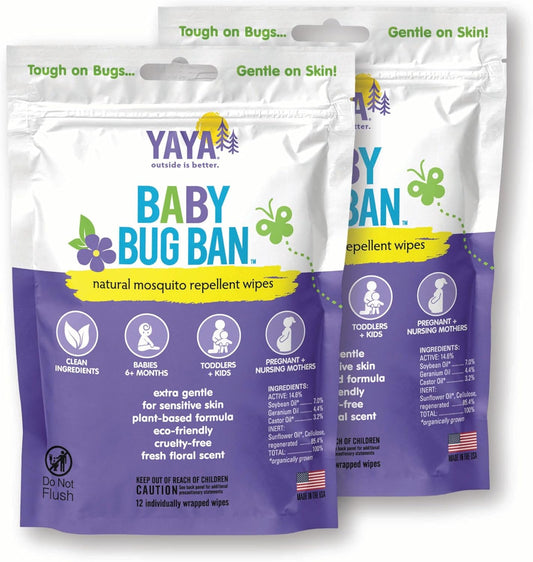 YAYA ORGANICS Baby Bug BAN Insect Repellent Wipes – All-Natural, DEET-Free, Non-Toxic, for Babies, Kids and Sensitive Skin (24 Count, Pack of 2)