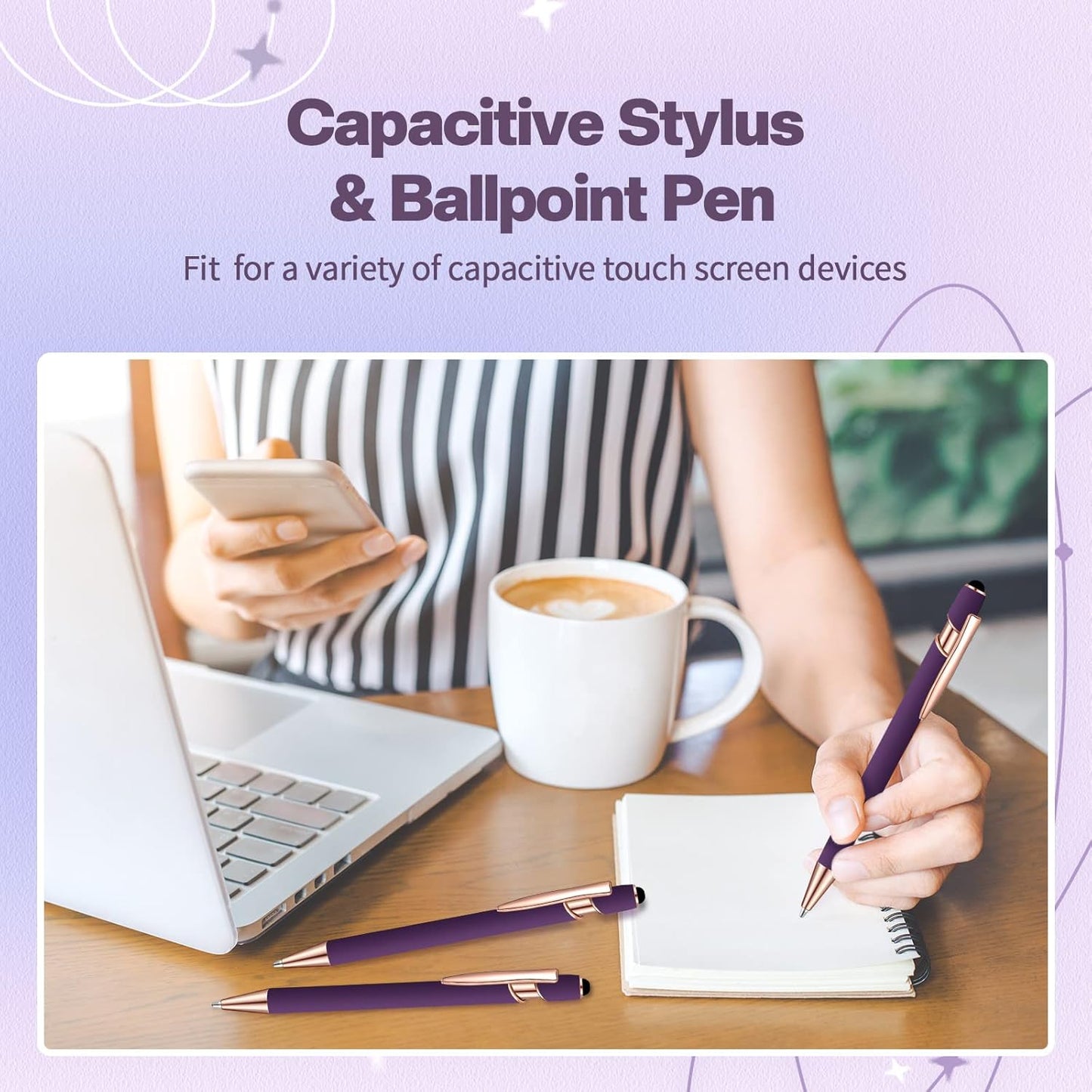 8 Pieces Ballpoint Pen with Stylus Tip Black Ink 2 in 1 Stylus Metal 1.0 mm Medium Point Smooth Pen Rainbow Colorful Rubberized Ballpoint for Touch Screen Tablet(Purple)